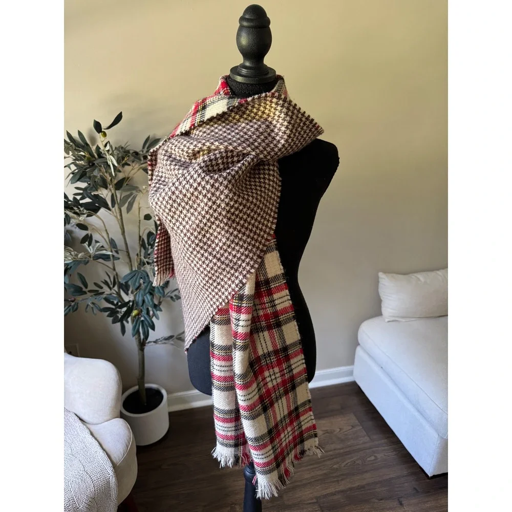 Reversible Plaid and Houndstooth Oversized Blanket Scarf Red Brown Fringe Wrap